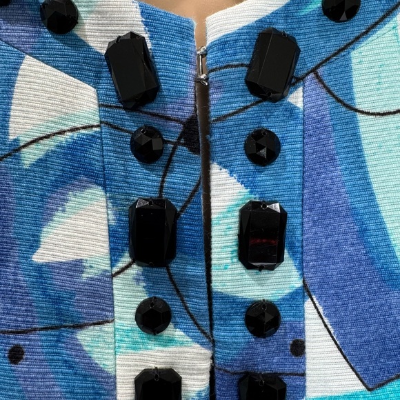 Sigrid Olsen Jacket with Blue White Printed Pattern Black Bead Accents, Size 8 - Picture 5 of 8